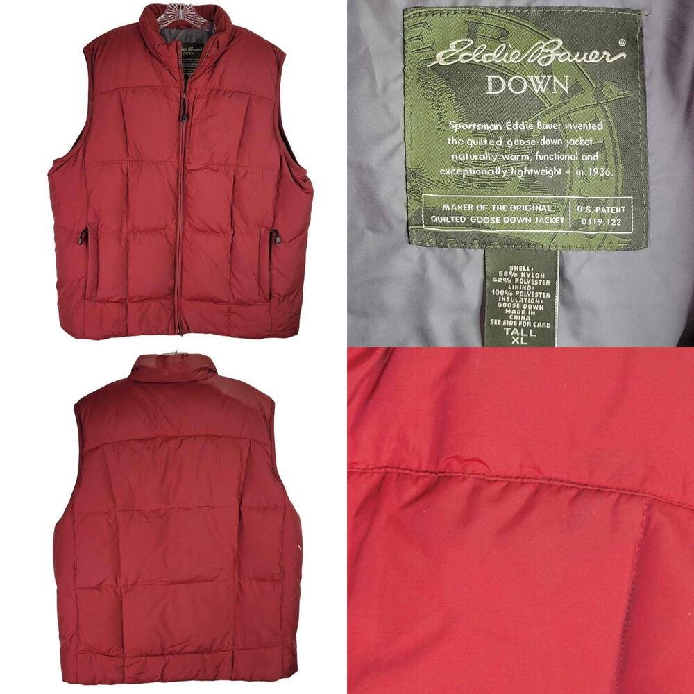Eddie Bauer Vest Quilted Goose Down Vtg Size Mens XLT Tall Red Faded Puffer